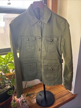 VTG Jaded By Knight Olive Green Canvas Military Moto Club Jacket Gothic Distress